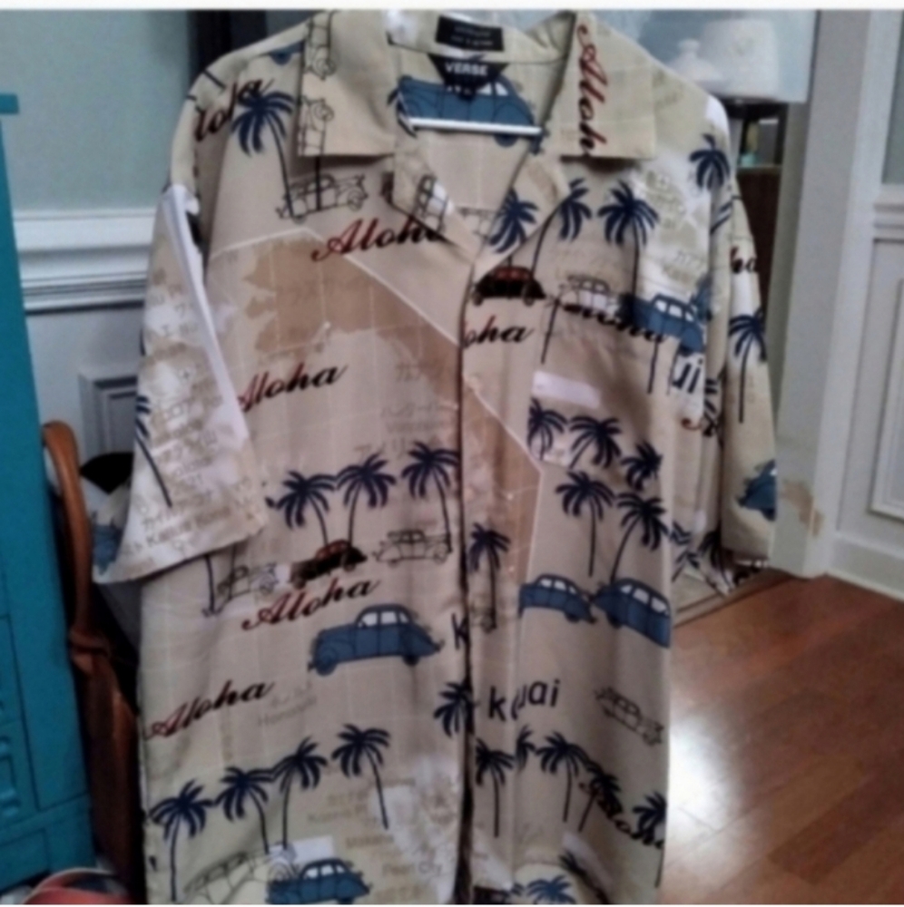 Verse Men's Shirt Aloha Print W Cars And Palm Trees XL Button Up Vacation Luau